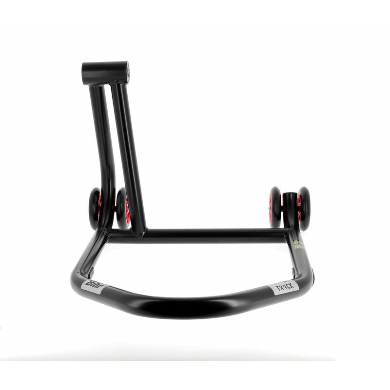 Caballete monobrazo izquierdo BIHR Home Track color negro mate y ruedas rojas