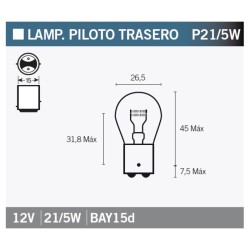 Lámpara V PARTS 12V 21 / 5W ROJA - 10 uds