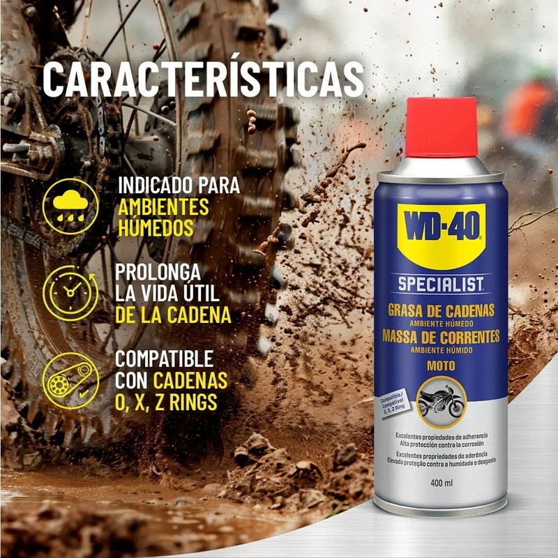 Grasa blanca para cadena WD-40 Specialist Moto condiciones húmedas - Spray 400 ml
